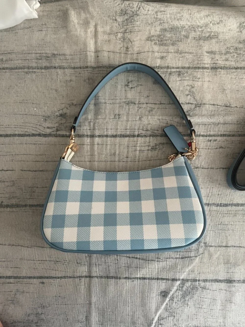 Coach Blue and White Checkered Crescent Underarm Bag